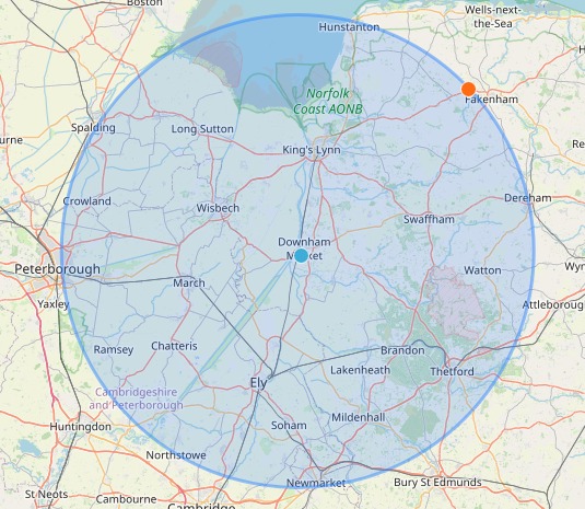 Coverage area map showing 25-mile radius around Downham Market